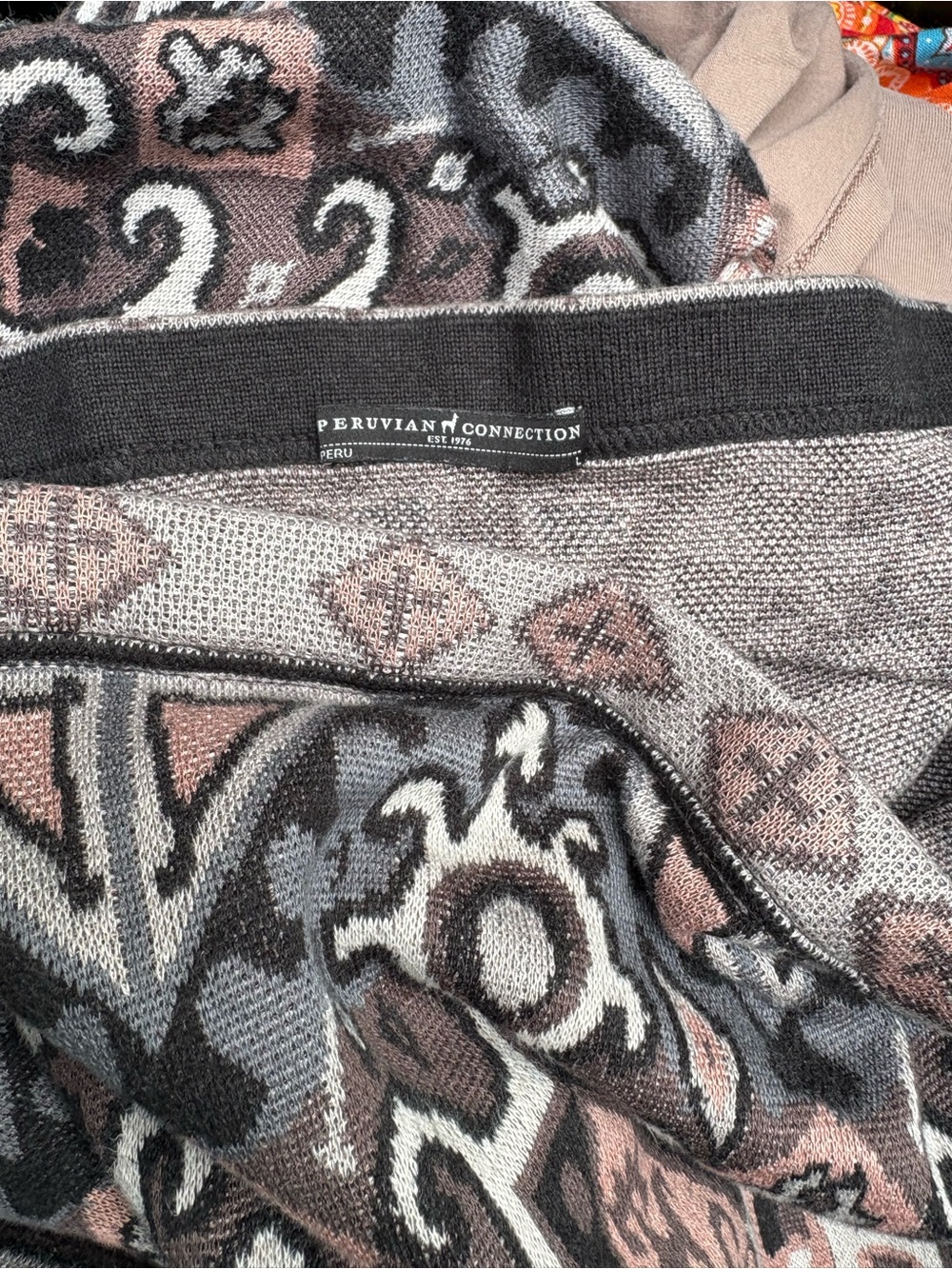 Peruvian Connection Geometric Maxi Skirt in Taupe, Gray with Dusty Rose Accent - Picture 4 of 5